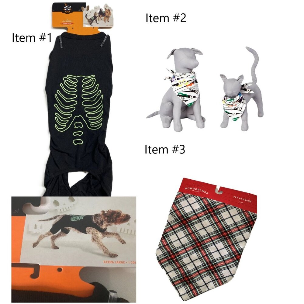 Pet Clothing Bundle | Skeleton Costume XL, Glow-in-the-Dark & Christmas Bandanas